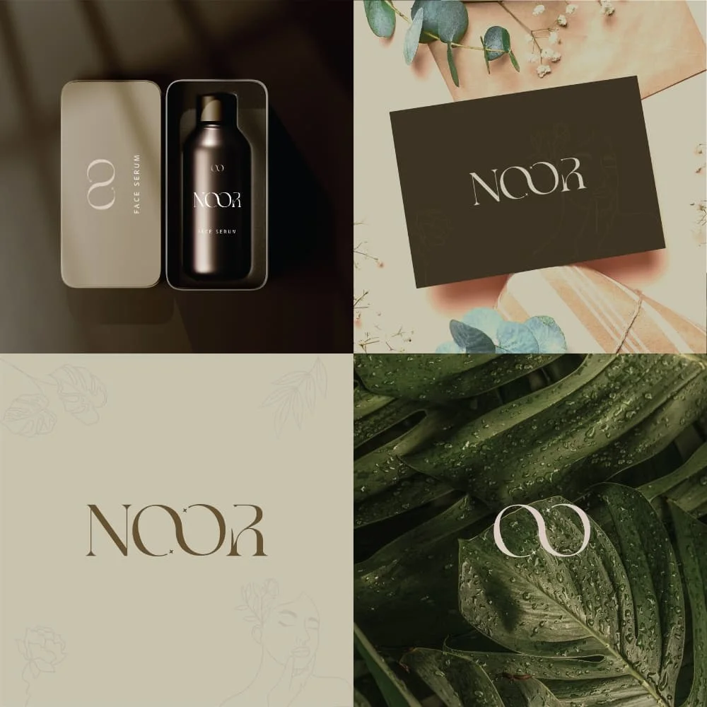 Luxury brand identity design for a skincare brand featuring logo, packaging, and visual identity system.