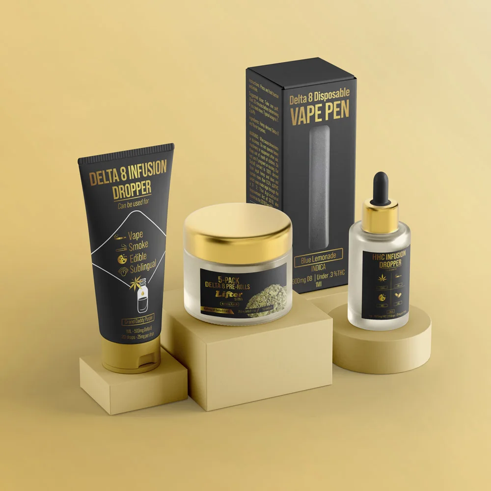 Delta 8 fusion drops and vape pen product packaging design in Australia with black and gold labels on display blocks.