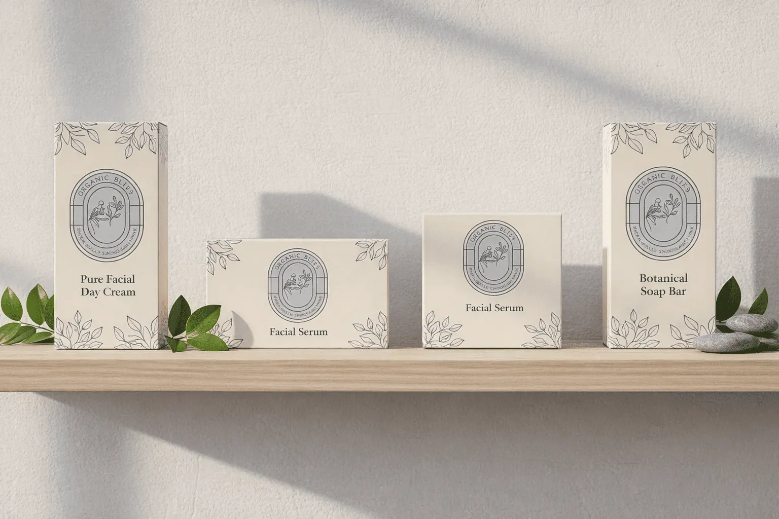 Skincare packaging design for cream, serum, and soap boxes.
