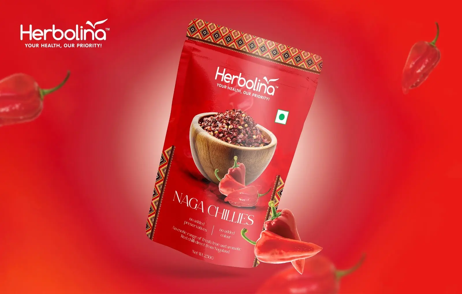 Product packaging design for Herbolina red chilli pouch with bold branding and vibrant red visuals