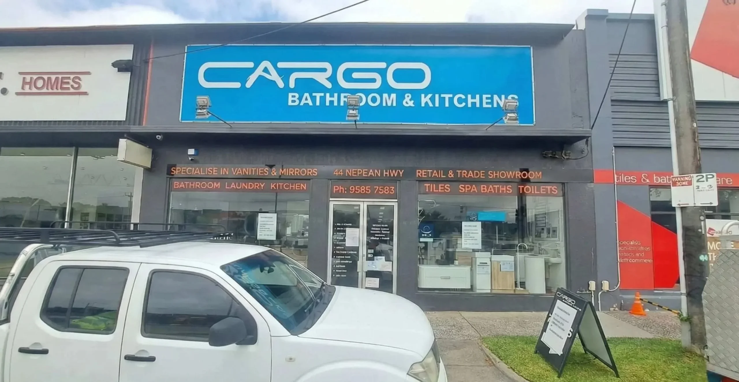 Custom shopfront business signage for Cargo Bathroom & Kitchens retail showroom