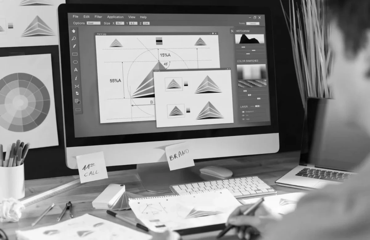 Detailed graphic design process of making a logo for a brand