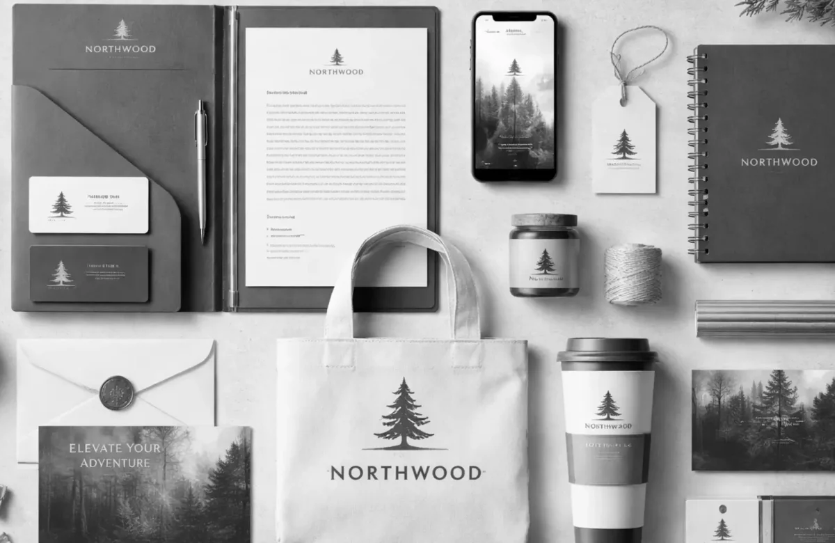 Complete brand identity design kit with logo, print materials, and product branding