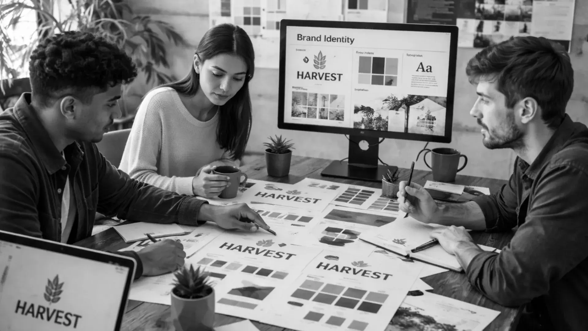 A creative team at a studio reviewing the core elements of brand identity for a new design project.