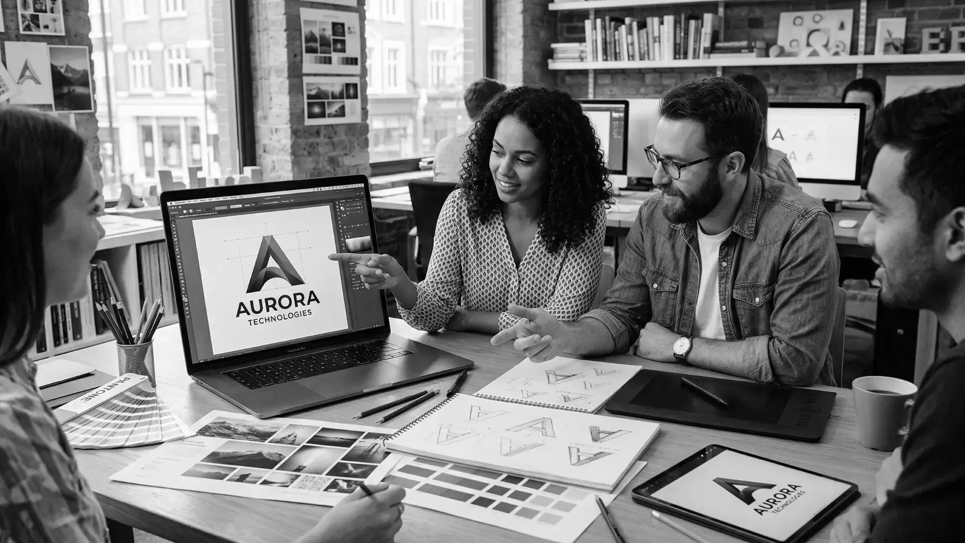 Team collaborating on logo design concepts in a modern workspace