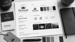 Brand identity design process showcasing logo creation, typography, color palette, and branded stationery mockup.