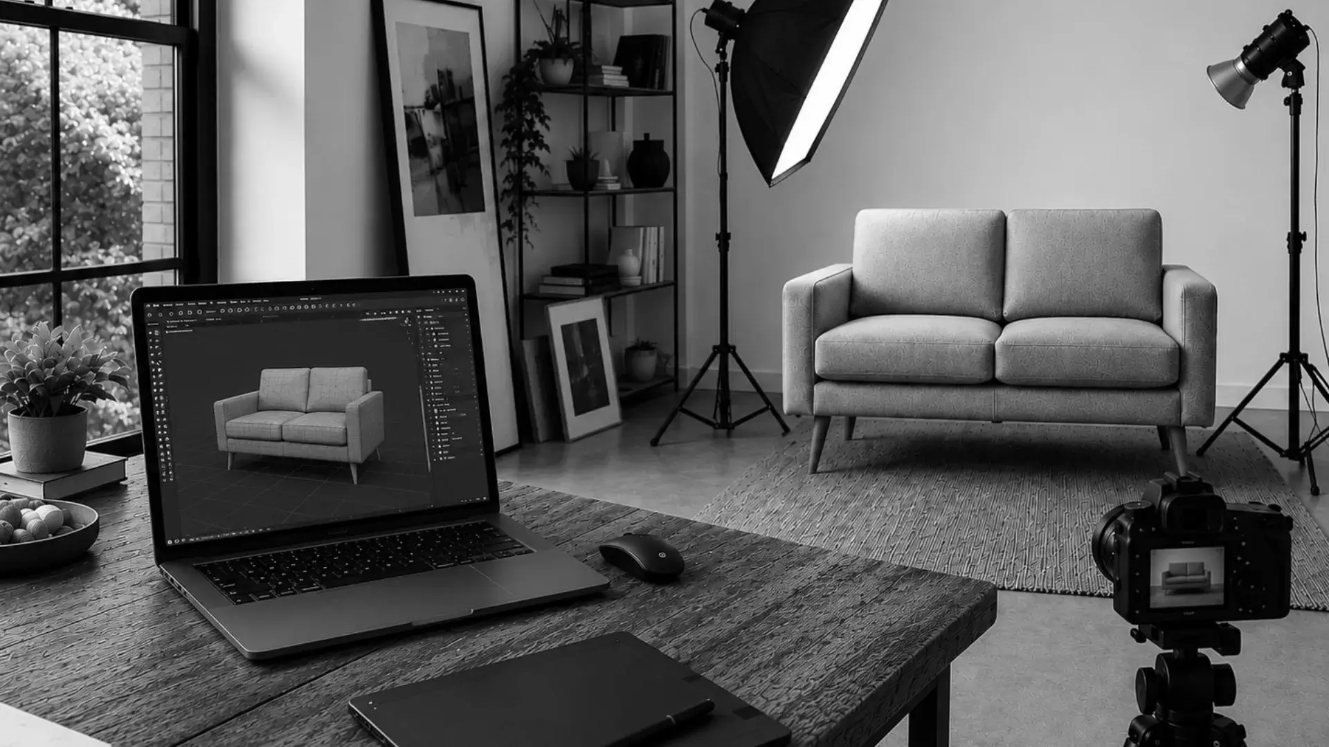 Laptop showing 3D product visualisation software next to a sofa being photographed in a professional studio setup
