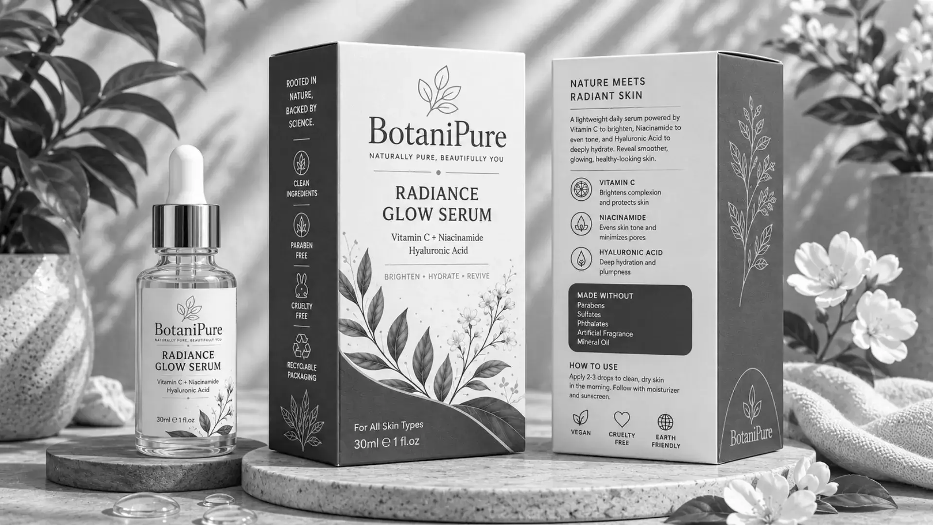 BotaniPure Radiance Glow Serum packaging mockup showcasing custom packaging design tips for premium skincare brands