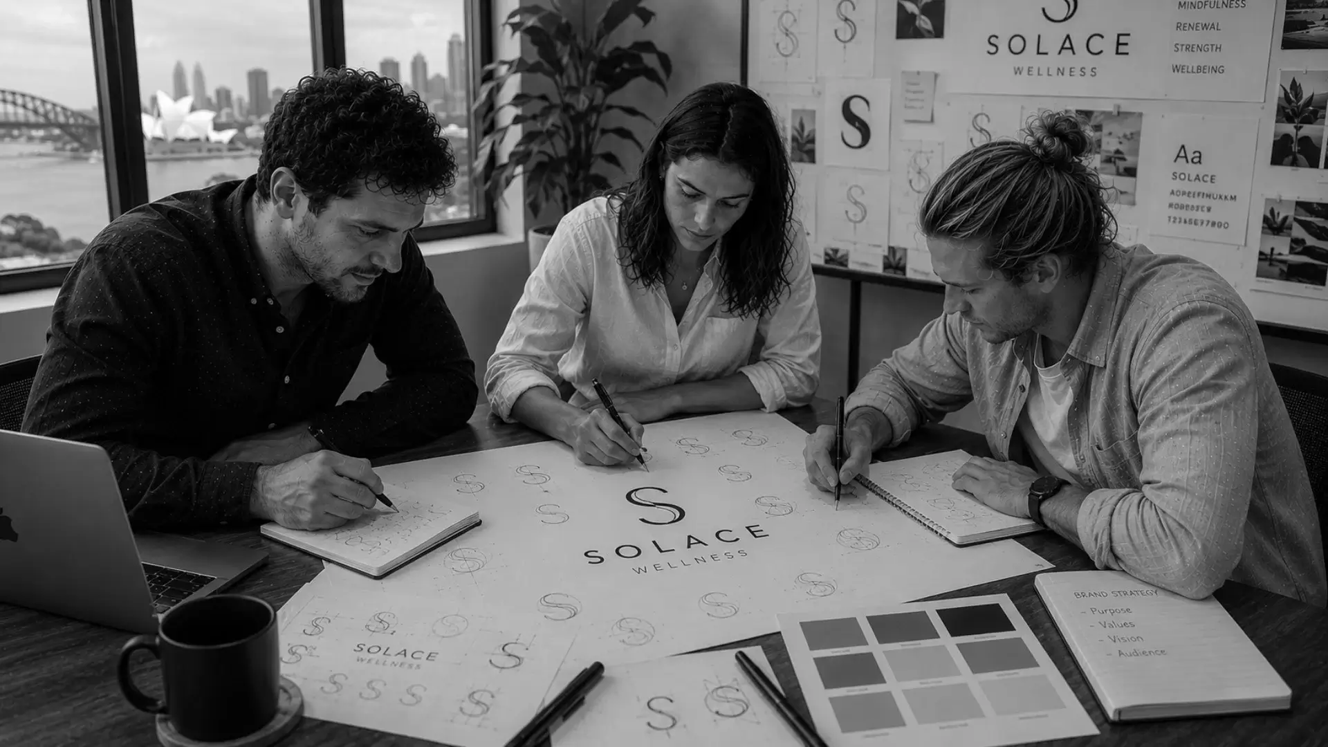 Professional logo design team developing a custom brand identity.