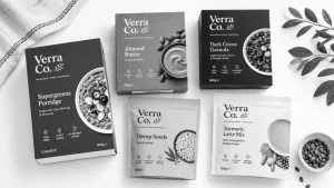 FMCG packaging design for a natural health food product range showing boxes and pouches.