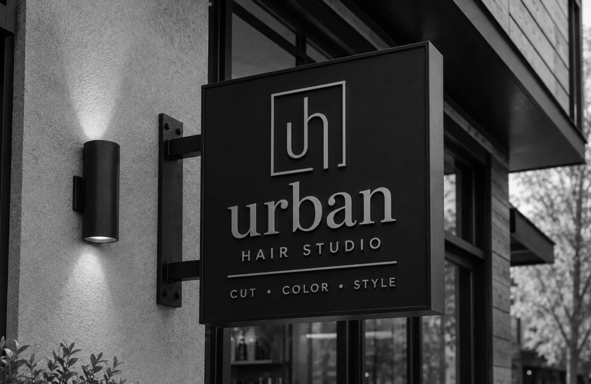 Outdoor business signage mounted on a shopfront exterior wall