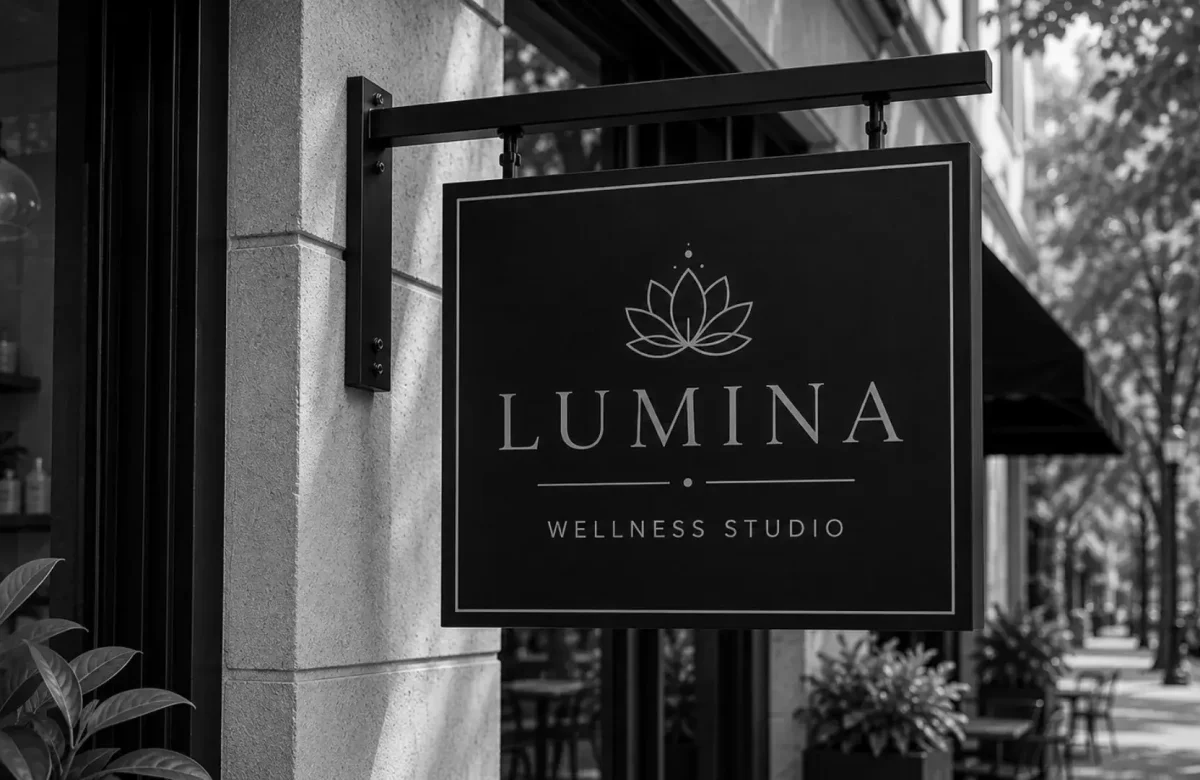 Small business storefront signage displayed outside a wellness studio on a busy street