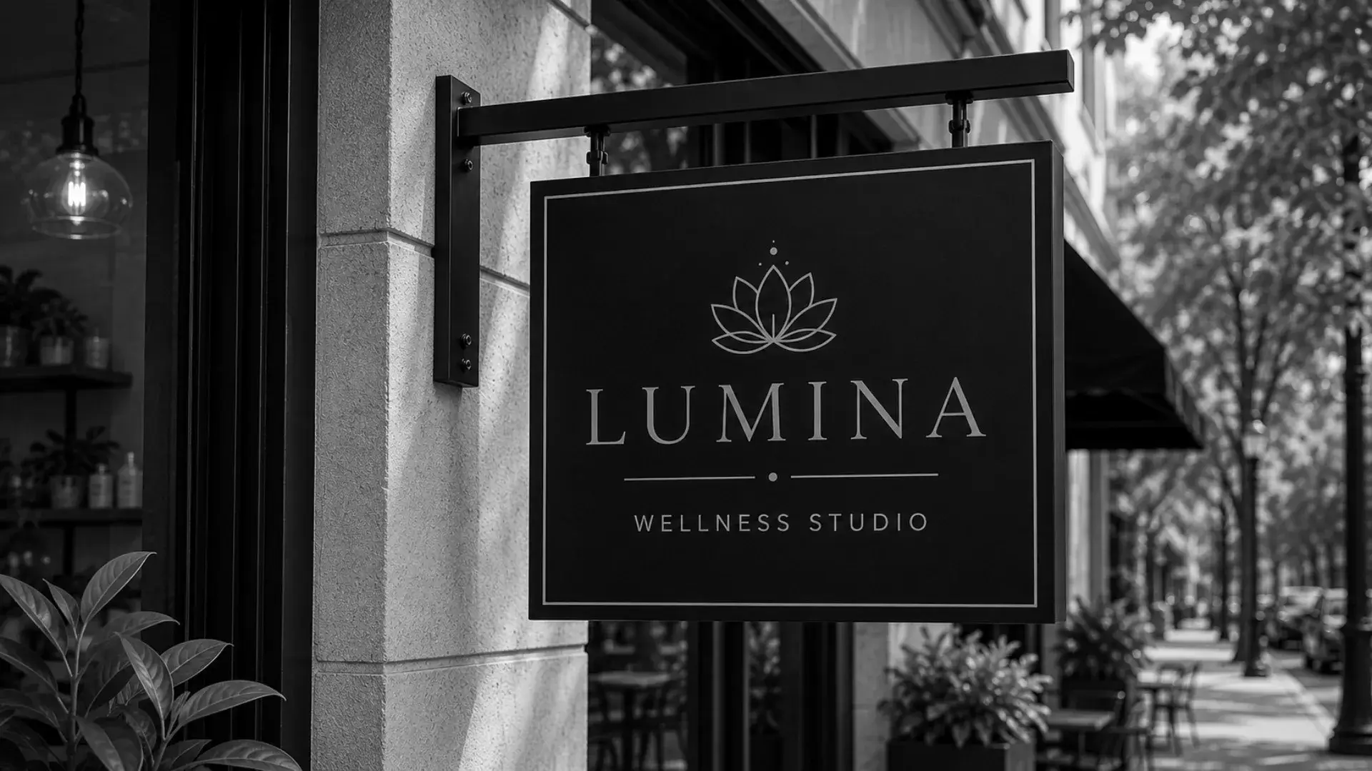 Small business storefront signage displayed outside a wellness studio on a busy street
