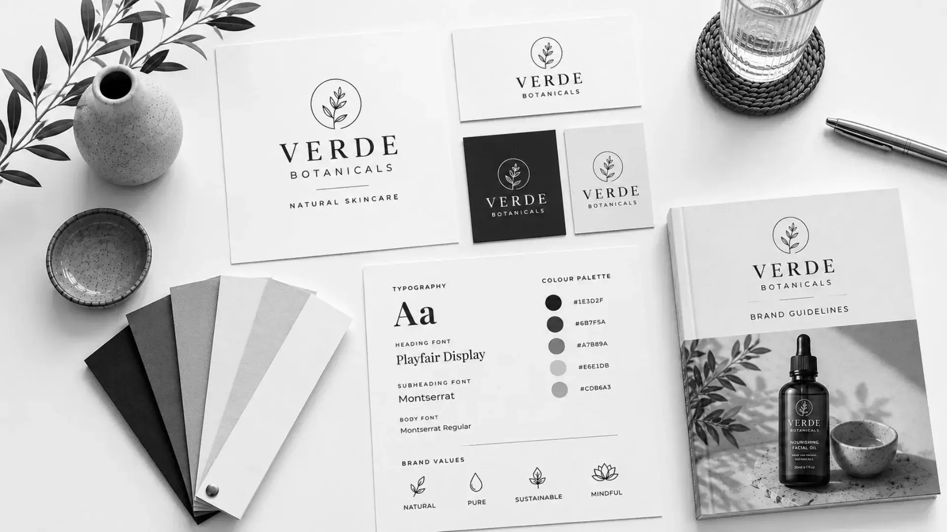 Brand identity package showing logo suite, colour palette, typography and brand guidelines