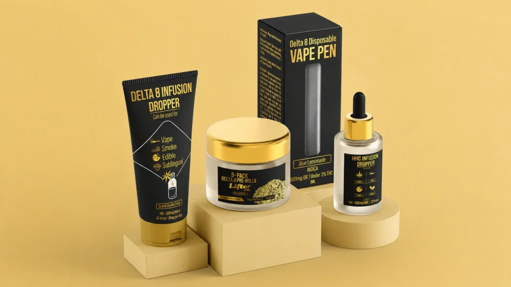 Luxury packaging design for cannabis products featuring premium black and gold labels in a clean product mockup.