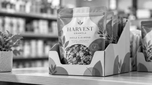 Shelf-ready packaging design featuring a single granola pouch in a branded cardboard display tray on a supermarket shelf.