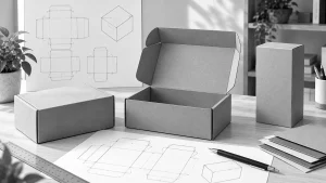 Structural packaging design workspace with kraft box prototypes, dieline sketches, drafting tools, and packaging materials.