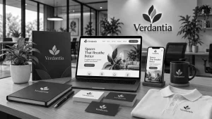 Logo size guide showing website, mobile, business card, and branded stationery applications.